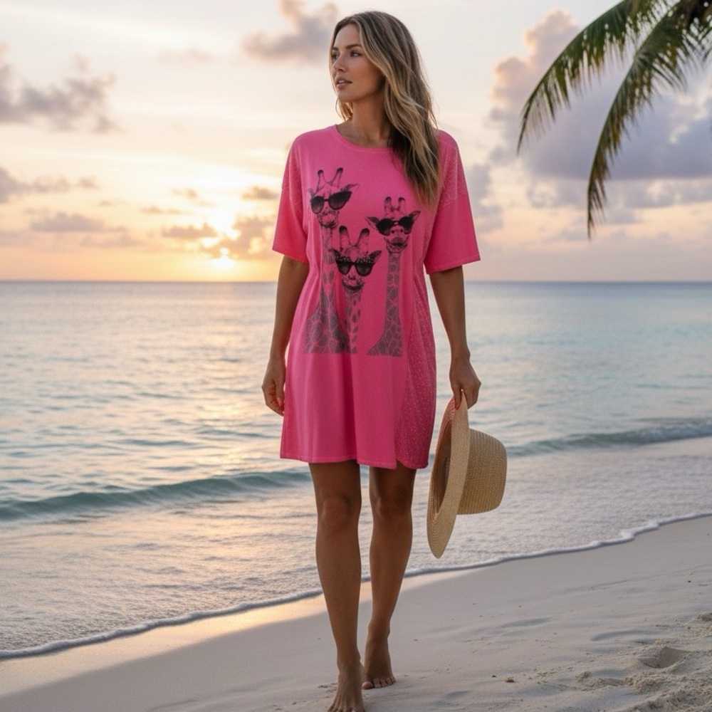 Elissia Pink Cotton Lagenloook Giraffe Print Beach Dress Size 42/ L